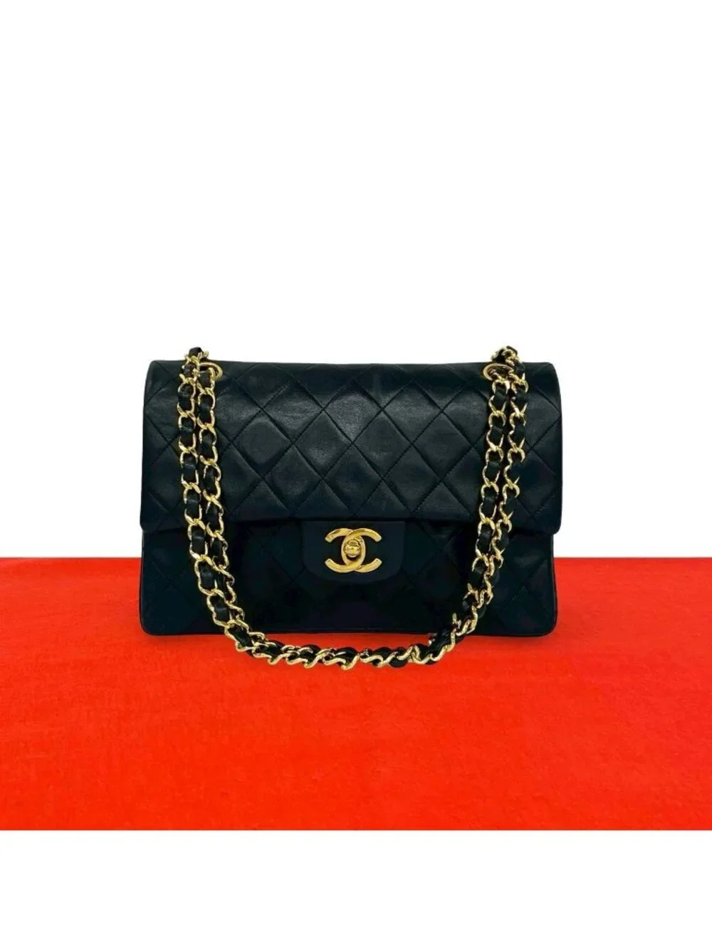 Chanel Quilted CC Logo Double Flap Lambskin Chain Shoulder Bag Black